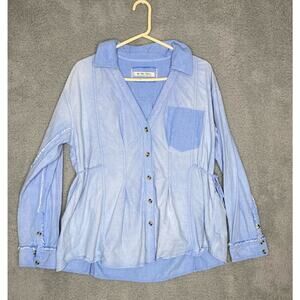 Free people we the free blue denim button up collared lightweight raw hem S